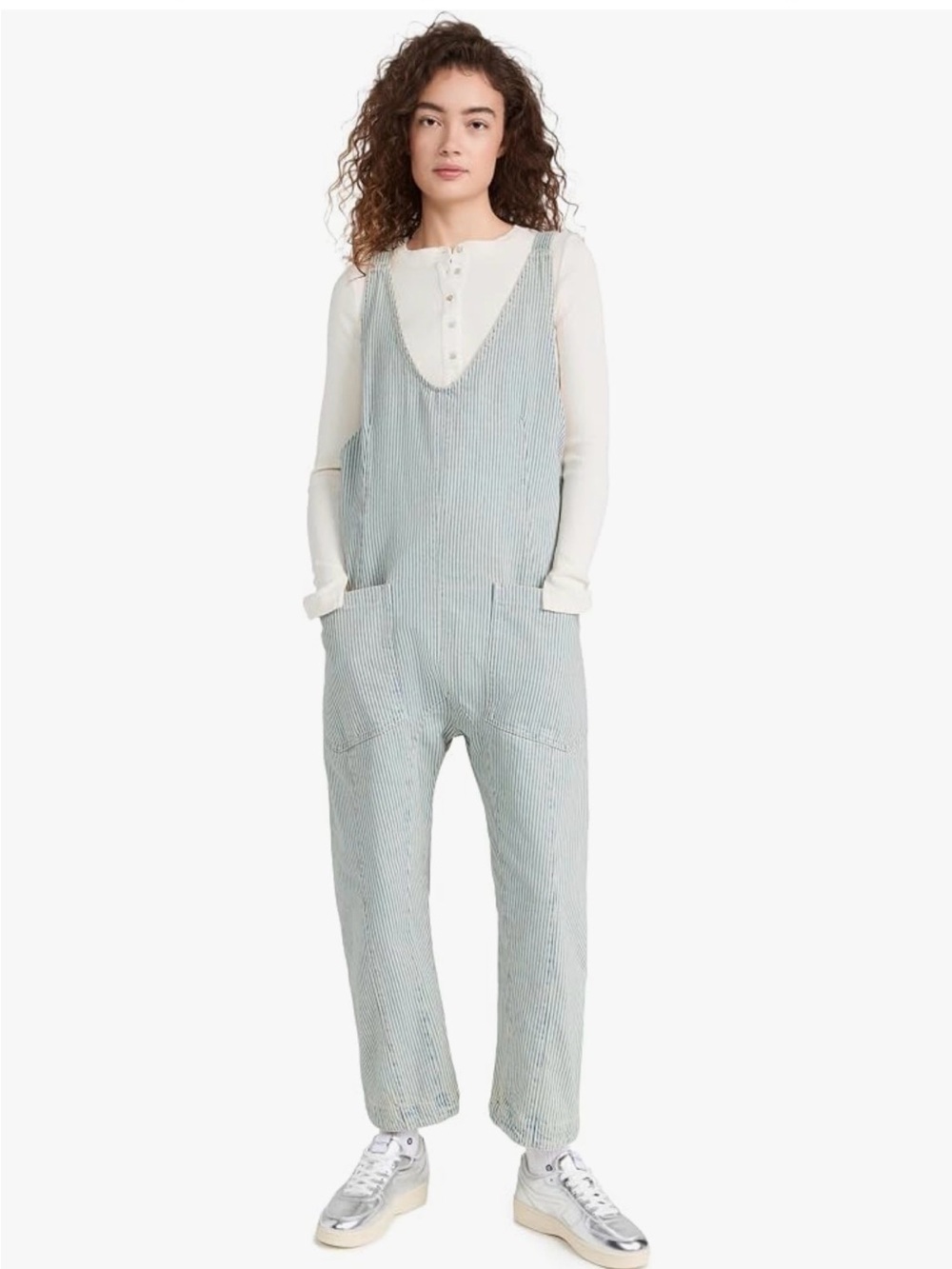 Free People Striped Denim Overalls XL Railroad Utility Workwear Baggy